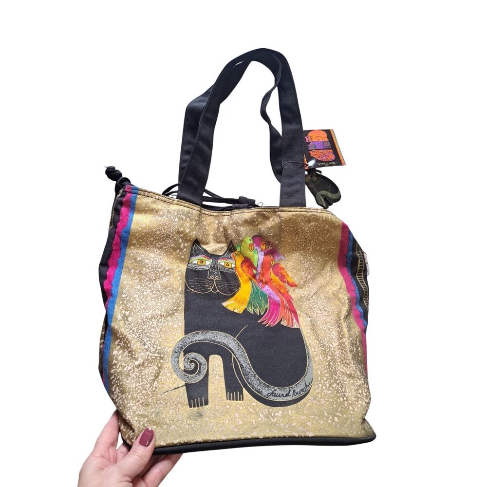 NWT Laurel Burch Cat Parrot Canvas Drawstring Tote Bag 12x14x8 Bag Charm READ - Picture 1 of 9